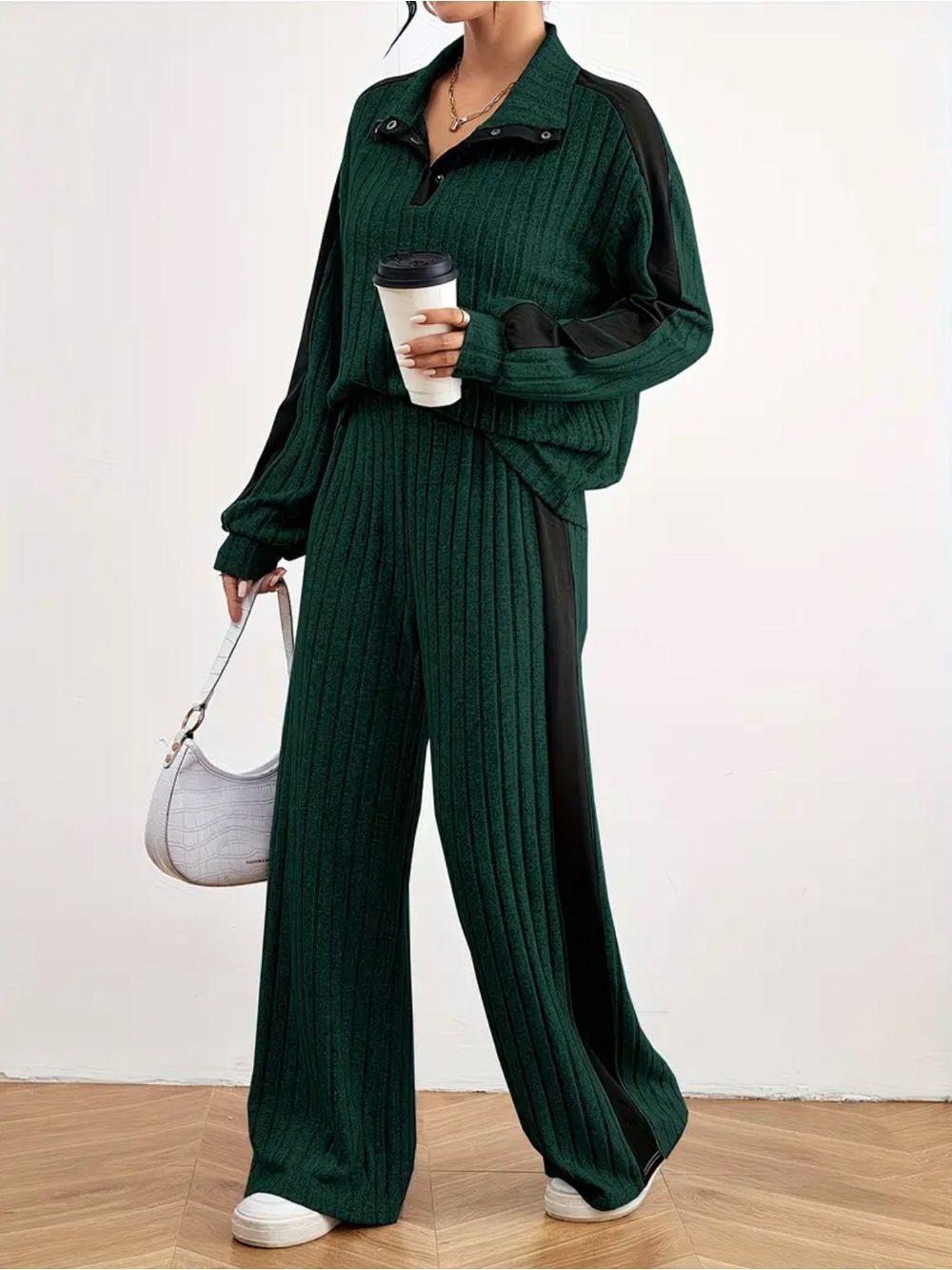 Wide-Leg Knit Track Pants Loungewear Set in Dark Green New
